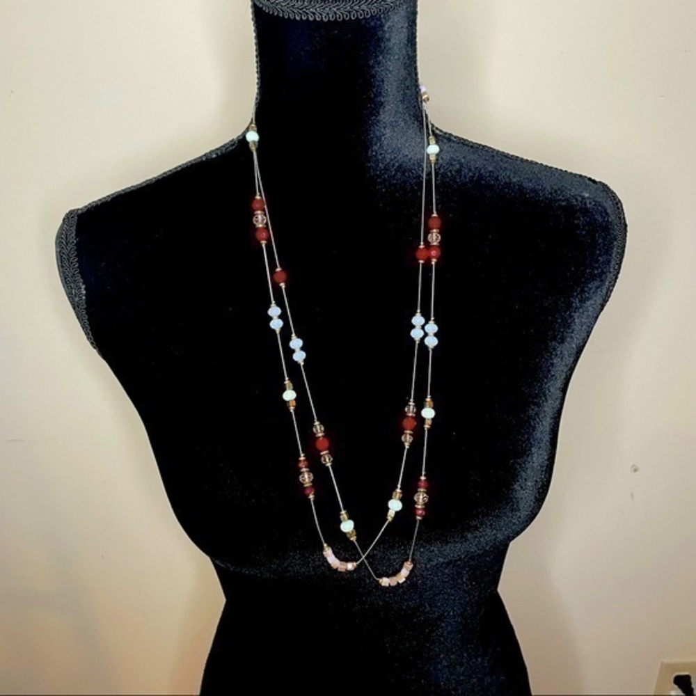 Van Heusen Beaded 40” Long Layering Necklace Turquoise And Burgundy Stones